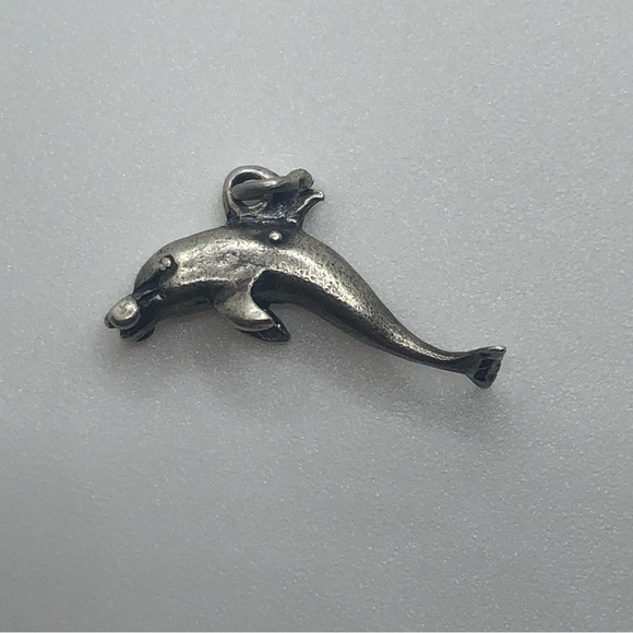 VTG Sterling Silver Dolphin w Barbell Mini Charm for Charm Bracelet - Picture 2 of 4